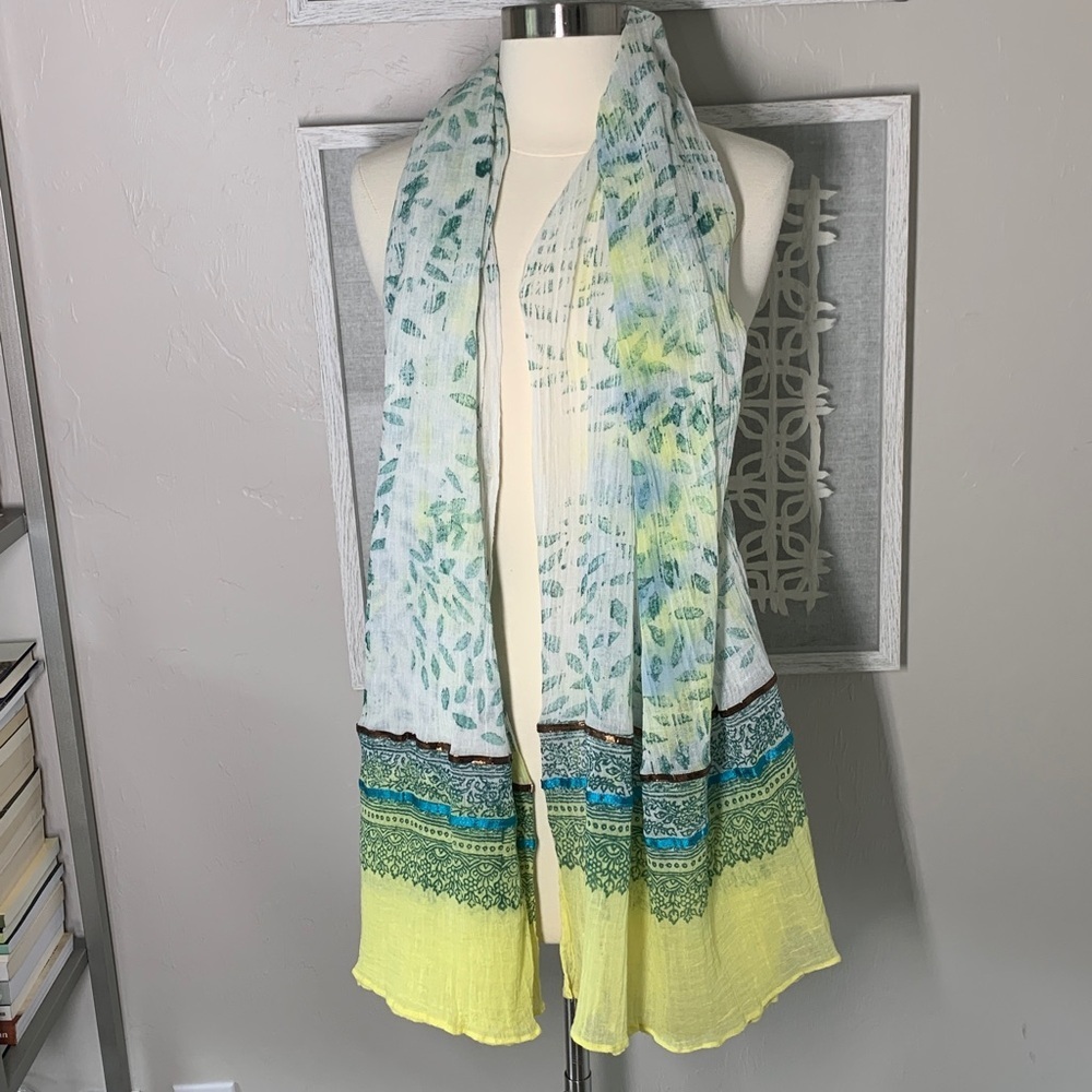 Two’s Company yellow, green, and white cotton scarf made in India